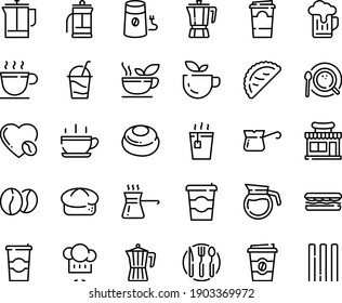 Food Line Icon Set - Hot Cup, Coffee To Go, Green Tea, Sandwich, Cafe Shop, Chef Hat, Calsone, Pot, Bread, Cocktail, French Press, Mill, Top View, Turkish, Love, Beans, Fork Spoon Knife Plate, Paper