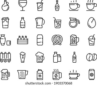 Food line icon set - hot cup, milk bottle, drink to go, rice vodka, olive oil, coffee, beer mug, pretzel, box, tank, champagne, wine glass, cocktail, beans, bootle and pack, pot, ribs, beaker, soda