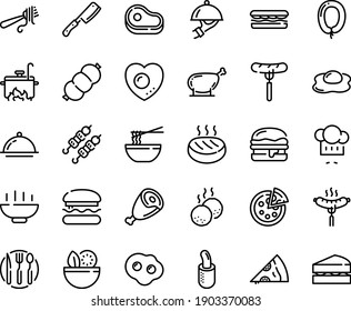 Food line icon set - Hot Bowl, burger, salad, meat, sandwich, sausage on fork, pizza piece, funchose, kebab, chef hat, with pasta, ham, dish dome, french dog, cutlet, chicken leg, meatballs, cooking