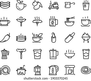 Food line icon set - Hot Bowl, cup, coffee to go, green tea, sausage on fork, french dog, funchose, ceremony, sausages, press, coffe maker, top view, pot, turkish, roasted, bbq, chicken wing, kettle