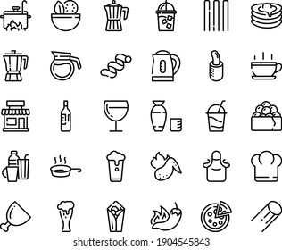 Food line icon set - hot cup, salad, chief hat, cafe, burito, pepper, rice vodka, gunkan, pizza, coffee pot, beer glass, wine, cocktail, french dog, pancakes, iced, ham, chicken wing, pan, apron