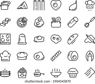 Food line icon set - Hot Bowl, french fries, pizza piece, chef hat, dough and rolling pin, pasta in pan, bread, omelette, roasted sausages, fish steak, cooking, whisk, stove top view, love egg, salt