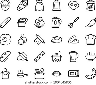 Food line icon set - Hot Bowl, chief hat, bread, temaki, dough and rolling pin, pasta in pan, omelette, coffee pot, meatballs, cooking, whisk, apron, microwave oven, egg timer, kettle, flour bag