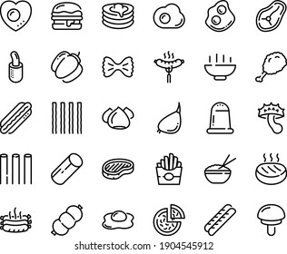 Food line icon set - Hot Bowl, french fries, pizza, fried chiken leg, rice, sausage on fork, dog, steak, omelette, burger, baguette, meringue, pancakes, roasted sausages, cutlet, love egg, garlic