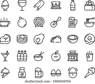 Food line icon set - hot cup, milk bottle, cafe shop, tacos, tea, rice bowl, funchose, gunkan, pizza roll knife, pretzel, donut, wine glass, dish dome, pancakes, instant coffee, meat, egg stand