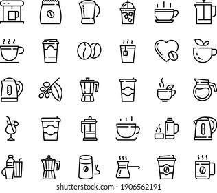 Food line icon set - hot cup, coffee to go, green tea, pot, french press, coffe maker, iced, mill, tree, irish, love, pack, beans, kettle, drinks, turkish, thermo flask, paper