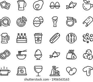 Food line icon set - hot cup, green tea, pizza, coffee to go, fish, funchose, ravioli, beer mug, glass, wine, top view, capsule, pot, ribs, fork spoon knife plate, egg stand, easter, cookies, box