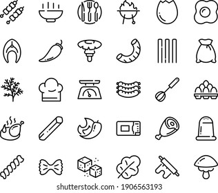 Food line icon set - Hot Bowl, sausages, ham, fried chicken, refined sugar, kebab, fish steak, bbq, chef hat, whisk, fork spoon knife plate, microwave oven, kitchen scales, broaken egg, omelette