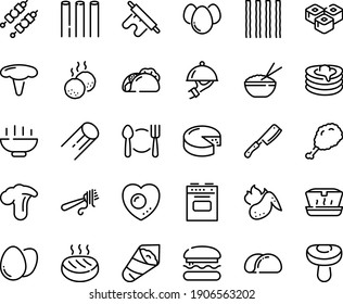 Food line icon set - Hot Bowl, plate spoon fork, burger, tacos, fried chiken leg, lunch box, rice, sushi roll, temaki, with pasta, dish dome, cheese, pancakes, kebab, cutlet, meatballs, chicken wing