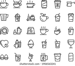 Food line icon set - hot cup, coffee to go, green tea, drink, ceremony, wine glass, cocktail, iced, top view, turkish, irish, love, capsule, beaker, egg stand, drinks, thermo flask, soda, paper