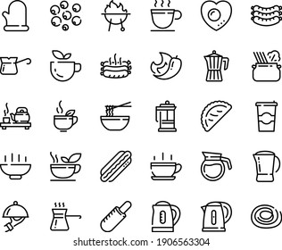 Food line icon set - Hot Bowl, cup, green tea, french dog, funchose, ceremony, calsone, pasta in pan, sausages, dish dome, press, coffee, pot, to go, turkish, roasted, bbq, cooking glove, kettle