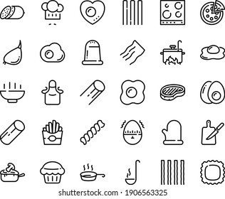Food line icon set - Hot Bowl, french fries, chef hat, pizza, salami, steak, julienne, pan, knife board, cooking glove, apron, ladle, stove top view, omelette, love egg, eggs yolk, timer, muffin