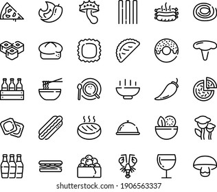 Food Line Icon Set - Hot Bowl, Pizza Piece, Dish Dome, Salad, Sandwich, Donut, Funchose, Sushi Roll, Lobster, Gunkan, Calsone, Ravioli, Bread, Dog, Wine Glass, Coffee Top View, Roasted Sausages