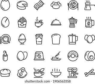 Food line icon set - Hot Bowl, dish dome, french fries, donut, dim sum, green tea, bread, omelette, cheese, plate, dog, butter knife, press, coffee top view, pot, machine, capsule, sowbelly, egg