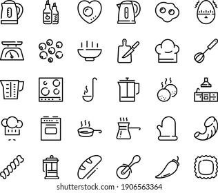 Food line icon set - Hot Bowl, chef hat, pizza roll knife, ketchup, french press, meatballs, pan, board, kitchen, whisk, cooking glove, kettle, ladle, stove, scales, top view, beaker, omelette