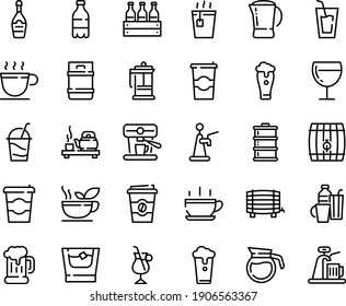 Food line icon set - hot cup, coffee to go, milk bottle, drink, tea, ceremony, beer mug, champagne, wine glass, cocktail, french press, irish, machine, pot, drinks, green, whiskey, box, barrel, keg