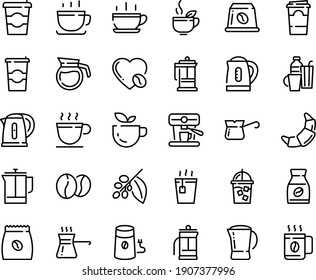 Food line icon set - hot cup, coffee to go, green tea, croissant, french press, iced, mill, turkish, tree, instant, love, machine, pack, beans, capsule, pot, kettle, drinks, paper