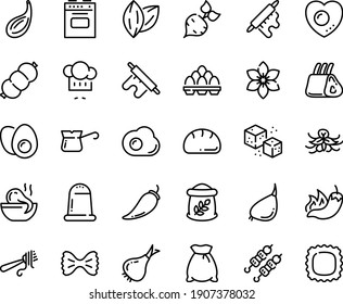 Food line icon set - hot pepper, octopus soup, kebab, chef hat, fork with pasta, turkish coffee, refined sugar, sausage, ribs, rolling pin, stove, eggs yolk, omelette, love egg, pack, bread, beet