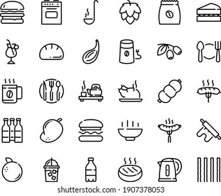 Food line icon set - Hot Bowl, plate spoon fork, burger, milk bottle, tea ceremony, chinese chicken, olives, sausage on, iced coffee, mill, irish, pack, cutlet, knife, kettle, ladle, stove, cup, hop