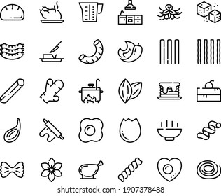 Food line icon set - Hot Bowl, cherry cake piece, chinese chicken, sausages, butter knife, refined sugar, leg, kitchen, cooking, beaker, broaken egg, omelette, love, bread, rolling pin, pancake