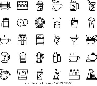 Food line icon set - hot cup, green tea, drink to go, coffee, beer mug, barrel, french press, iced, pot, irish, beans, milk bootle and pack, thermo flask, cocktail, soda glass, whiskey, bottle, box