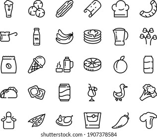 Food line icon set - hot dog, tacos, ice cream, ravioli, goose, pancakes, turkish coffee, irish, pack, pot, chicken, chef hat, apron, thermo flask, soda, milk bottle, whiskey, beer glass, aluminium