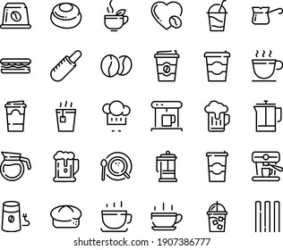 Food line icon set - hot cup, coffee to go, beer, sandwich, tea, french dog, green, chef hat, bread, cocktail, press, coffe maker, iced, mill, top view, turkish, love, machine, beans, capsule, pot