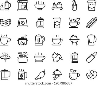 Food line icon set - Hot Bowl, cup, coffee to go, green tea, dog, french, ceremony, pasta in pan, sausages, dish dome, press, coffe maker, capsule, pot, sausage on fork, bbq, chicken wing, cooking