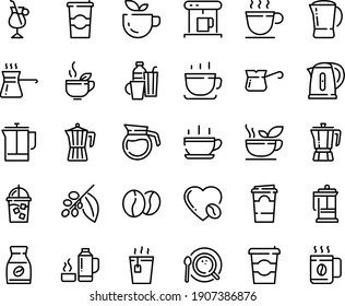 Food line icon set - hot cup, coffee to go, green tea, pot, french press, coffe maker, iced, top view, turkish, tree, instant, irish, love, beans, kettle, drinks, thermo flask, paper