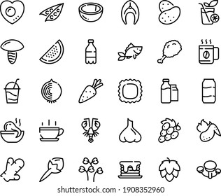 Food line icon set - hot cup, milk bottle, fried chiken leg, octopus soup, lobster, cocktail, bootle and pack, fish steak, chicken wing, love egg, coffee, smoothies, pancake, beer aluminium, hop