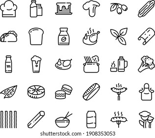 Food line icon set - hot dog, tacos, rice bowl, basil, pasta in pan, olives, sausage on fork, fried chicken, instant coffee, milk bootle and pack, chef hat, apron, thermo flask, bottle, bread piece