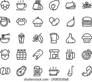 Food line icon set - hot cup, cupcake, burger, pizza, burito, dim sum, funchose, coffee, pate can, coffe maker, tree, beans, pot, steak, ribs, ladle, egg timer, beer mug, muffin, hop, bottles