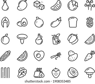 Food line icon set - hot dog, fork with pasta, olive oil, refined sugar, fish steak, ribs, love egg, yolk, smoothies, bread piece, potato, carrot, cabbage, arugula, bell pepper, eggplant, strawberry