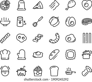 Food line icon set - Hot Bowl, chief hat, french fries, pizza piece, fried chiken leg, steak, coffee mill, cooking pan, whisk, glove, omelette, love egg, eggs yolk, timer, bread, bell pepper, salt