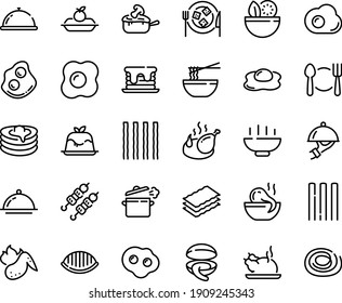 Food line icon set - Hot Bowl, plate spoon fork, dish dome, salad, octopus soup, funchose, clam, chinese chicken, kebab, panna cotta, omelette, fried, charlotte cake, cheese, julienne, pancakes