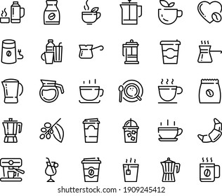 Food line icon set - hot cup, coffee to go, green tea, pot, croissant, french press, iced, mill, top view, turkish, tree, instant, irish, love, machine, pack, drinks, thermo flask, paper svg