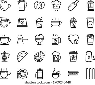 Food line icon set - hot cup, green tea, sandwich, pizza, coffee to go, french dog, chef hat, calsone, ice cream, cocktail, press, iced, mill, top view, pot, love, beans, capsule, turkish, paper