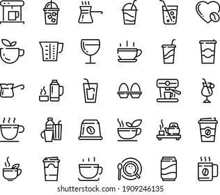 Food line icon set - hot cup, green tea, drink, coffee to go, ceremony, wine glass, cocktail, coffe maker, iced, top view, turkish, irish, love, machine, capsule, beaker, egg stand, drinks, soda