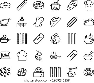 Food line icon set - hot dog, tacos, rice bowl, octopus soup, chinese pasta, sashimi, shrimp, temaki, gunkan, chef hat, calsone, omelette, julienne, chicken leg, pan, kitchen, cooking, pancake