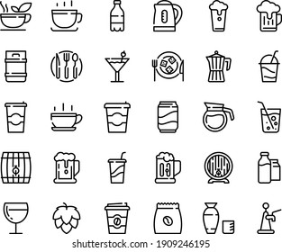 Food line icon set - hot cup, coffee to go, beer, milk bottle, drink, rice vodka, barrel, wine glass, cocktail, cheese plate, pot, pack, bootle and, fork spoon knife, kettle, green tea, soda, mug