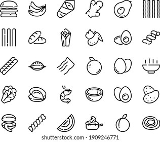 Food line icon set - Hot Bowl, bread, burger, burito, clam, oyster, shrimp, temaki, baguette, julienne, chicken wing, egg, eggs yolk, potato, arugula, banana, plum, coconut, melon, orange, avocado
