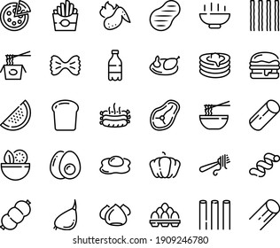 Food line icon set - Hot Bowl, salad, milk bottle, french fries, chinese pasta, funchose, fork with, pizza, burger, meringue, pancakes, sausage, chicken, roasted sausages, steak, wing, eggs yolk