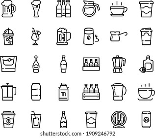 Food line icon set - hot cup, coffee to go, drink, lemoncello, pot, beer mug, milk tank, barrel, glass, champagne, iced, french press, mill, turkish, irish, paper, whiskey, bottle, aluminium, pack