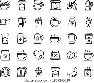 Juego de iconos de línea de alimentos - taza caliente, café a ir, té verde, olla, cruasán, cafetera, helado, molino, vista superior, turco, árbol, instantáneo, irlandés, amor, empaque, judías, cápsula, hervidor, papel