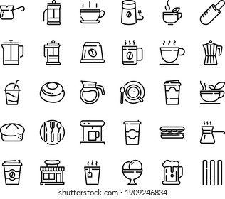 Food Line Icon Set - Hot Cup, Beer, Sandwich, Cafe Shop, Tea, Coffee To Go, French Dog, Green, Bread, Ice Cream, Cocktail, Press, Coffe Maker, Mill, Top View, Pot, Turkish, Capsule, Paper, Spaghetti