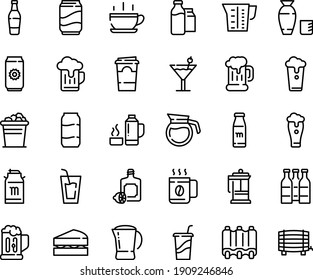 Food line icon set - hot cup, drink, to go, rice vodka, lemoncello, beer mug, milk tank, french press, bootle and pack, coffee pot, ribs, beaker, thermo flask, cocktail, soda, bottle, paper, sanwich