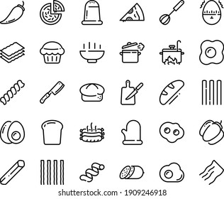 Food line icon set - Hot Bowl, pizza, piece, salami, bread, roasted sausages, cooking pan, knife board, whisk, glove, chef, omelette, eggs yolk, egg timer, muffin, pepper, bell, salt, penne, fusilli
