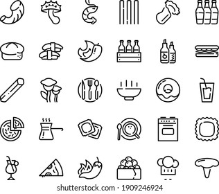Food line icon set - Hot Bowl, drink, sandwich, pizza, piece, pepper, sashimi, shrimp, gunkan, chef hat, ravioli, bread, ketchup, donut, coffee top view, irish, fork spoon knife plate, stove, chili