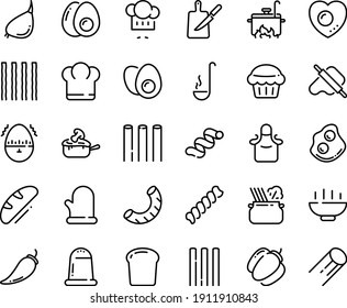Food line icon set - Hot Bowl, chief hat, chef, dough and rolling pin, pasta in pan, omelette, julienne, knife board, cooking glove, apron, ladle, eggs yolk, love egg, timer, bread piece, muffin