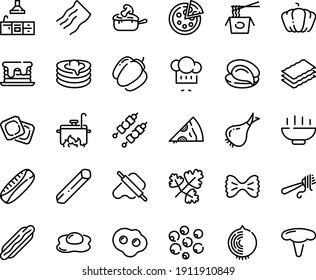 Food line icon set - Hot Bowl, dog, pizza piece, chinese pasta, oyster, chef hat, dough and rolling pin, fork with, ravioli, julienne, pancakes, kebab, kitchen, cooking, omelette, pancake, onion